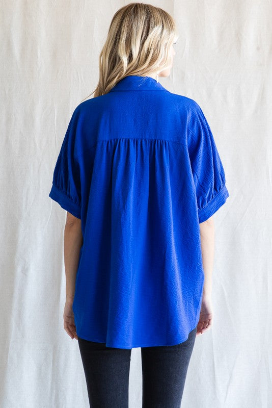 COLLARED V-NECK TOP--ROYAL BLUE