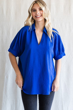 COLLARED V-NECK TOP--ROYAL BLUE