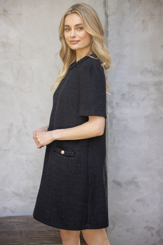 DOUBLE POCKET TWEED DRESS--BLACK