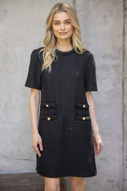 DOUBLE POCKET TWEED DRESS--BLACK