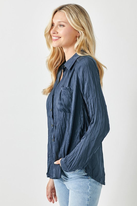 ALL IN A DAY CRINKLED SATIN TOP--NAVY