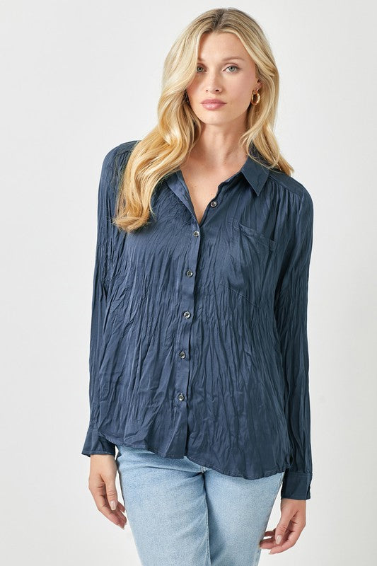 ALL IN A DAY CRINKLED SATIN TOP--NAVY