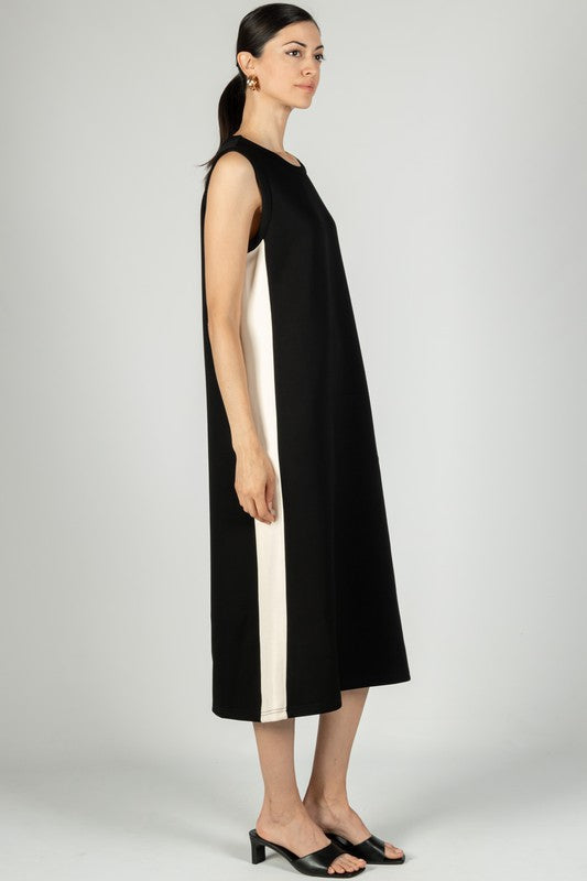 SCUBA MODAL SLEEVELESS SIDE STRIPE DRESS--BLACK