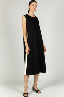 SCUBA MODAL SLEEVELESS SIDE STRIPE DRESS--BLACK