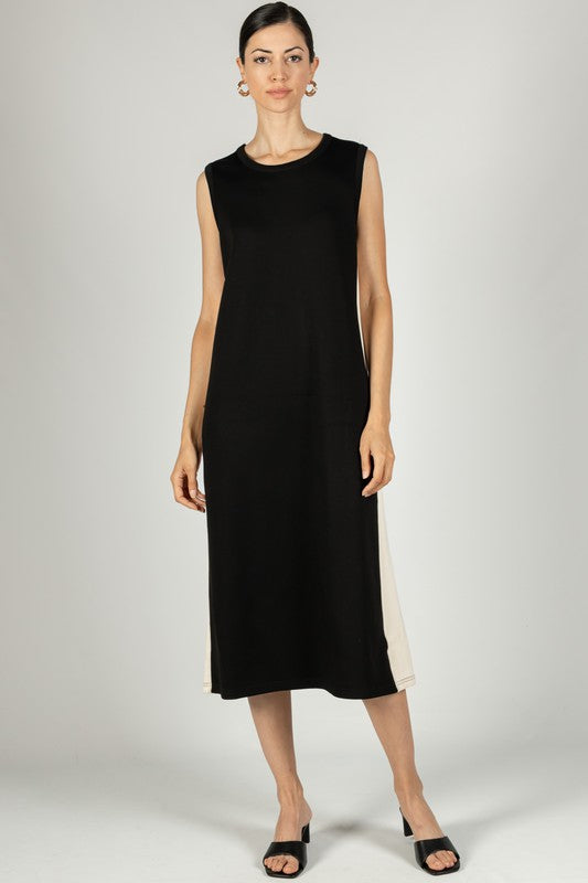 SCUBA MODAL SLEEVELESS SIDE STRIPE DRESS--BLACK