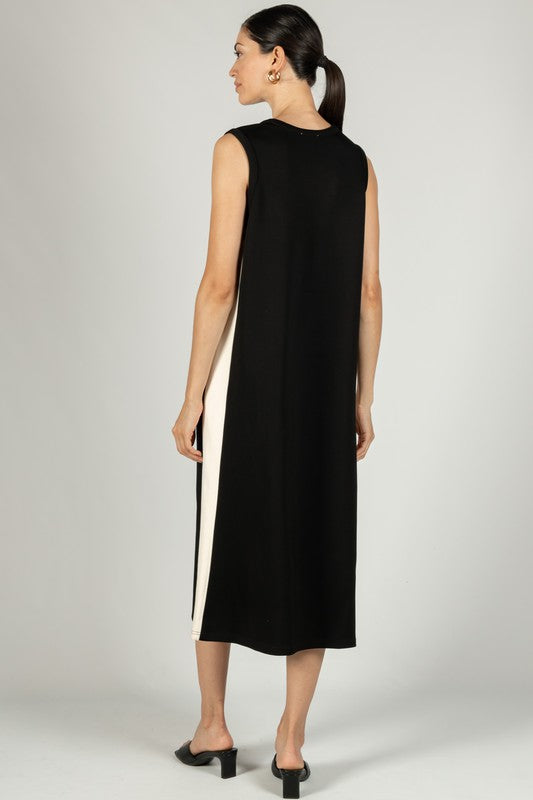 SCUBA MODAL SLEEVELESS SIDE STRIPE DRESS--BLACK