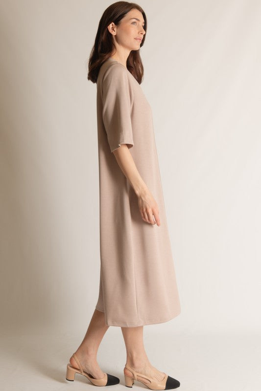 SCUBA MODAL V-NECK MIDI DRESS--TAUPE