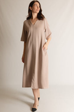 SCUBA MODAL V-NECK MIDI DRESS--TAUPE