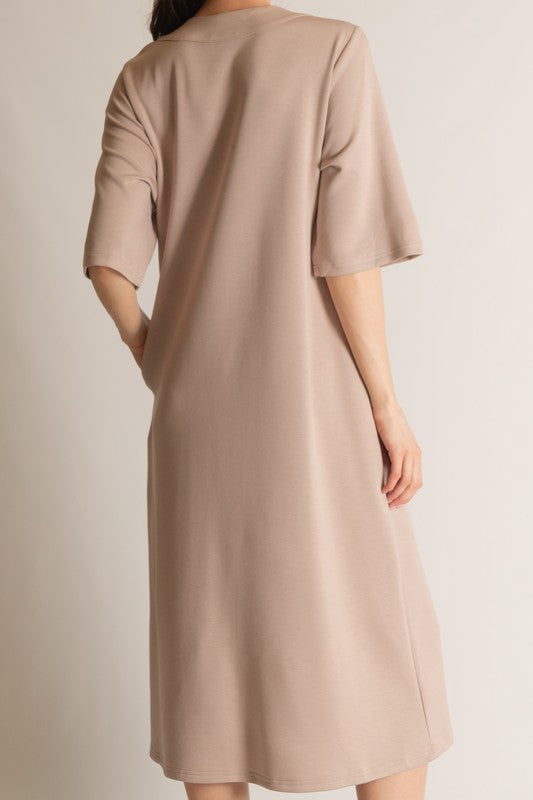 SCUBA MODAL V-NECK MIDI DRESS--TAUPE