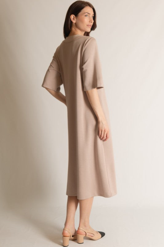 SCUBA MODAL V-NECK MIDI DRESS--TAUPE