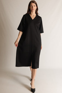 SCUBA MODAL V-NECK MIDI DRESS--BLACK