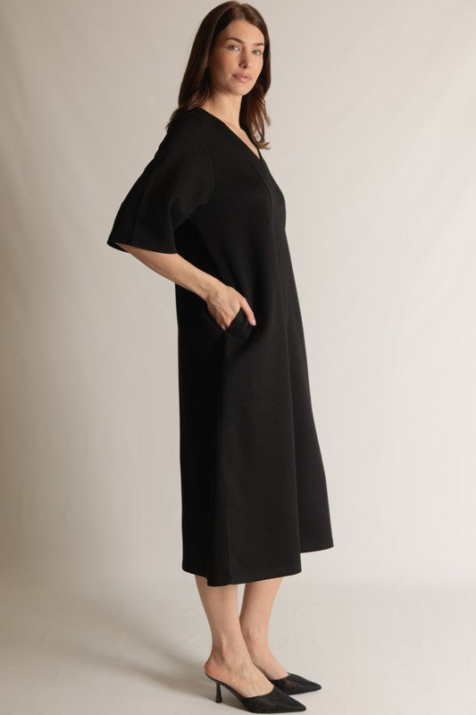 SCUBA MODAL V-NECK MIDI DRESS--BLACK