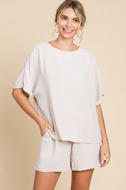 A SIMPLE TIME SHORT SLEEVE TOP--OATMEAL