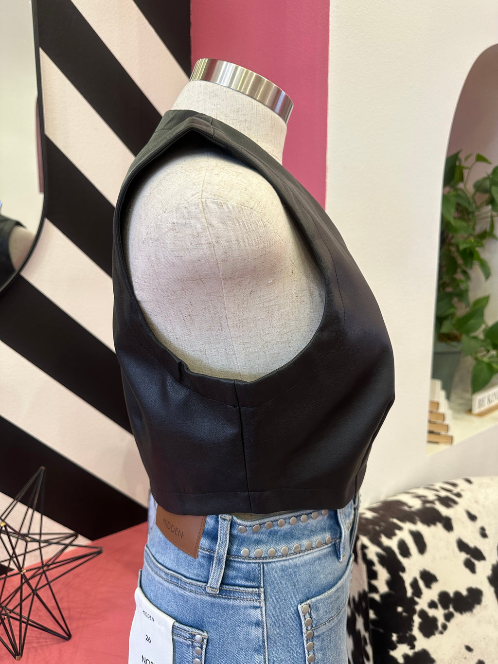 VROOM VROOM FAUX LEATHER VEST TOP--BLACK