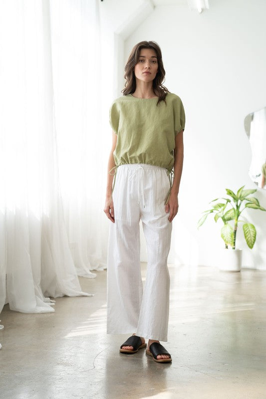 CAP SLEEVE CREW NECK LINEN TOP--FOREST GREEN