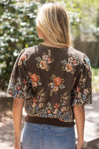 FLORAL EMROIDERED BOARDER TOP--BROWN