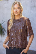 SHORT SLEEVE SEQUIN TOP--BROWN