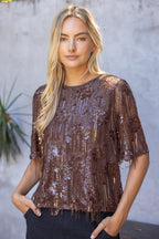 SHORT SLEEVE SEQUIN TOP--BROWN