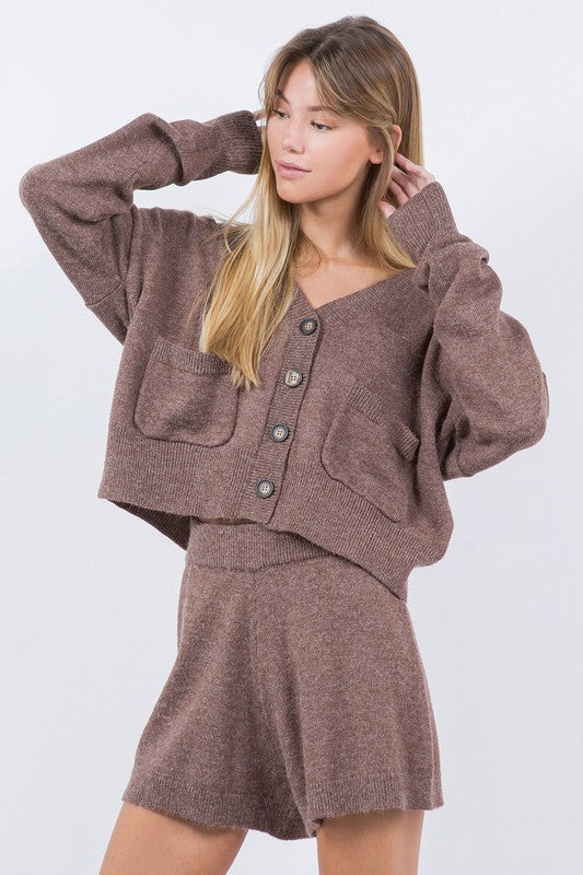 CARDIGAN SWEATER WITH POCKETS--MOCHA