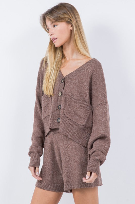 CARDIGAN SWEATER WITH POCKETS--MOCHA