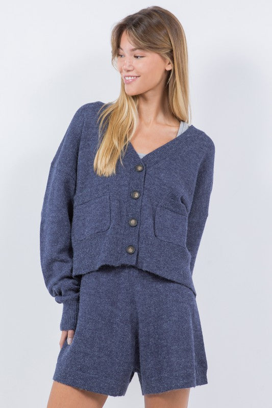 CARDIGAN SWEATER WITH POCKETS--NAVY