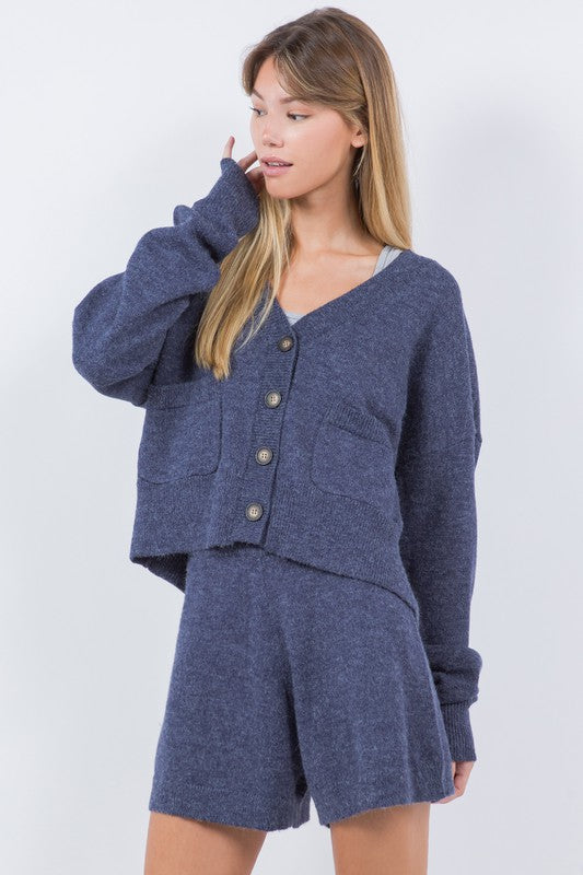 CARDIGAN SWEATER WITH POCKETS--NAVY