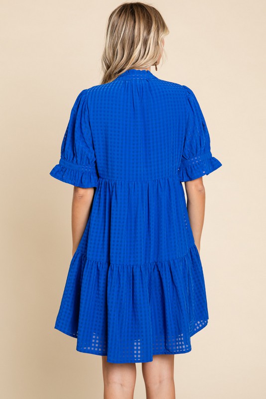 CHECK TEXTURED TIERED DRESS--ROYAL BLUE