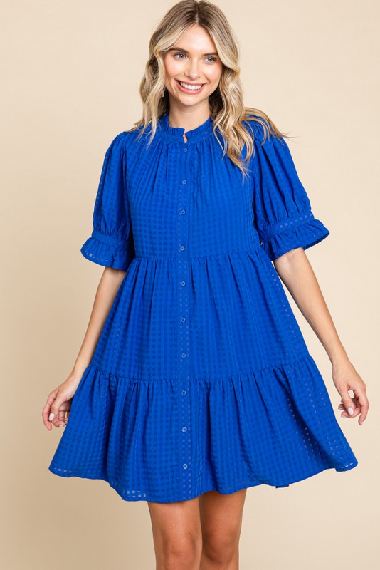 CHECK TEXTURED TIERED DRESS--ROYAL BLUE
