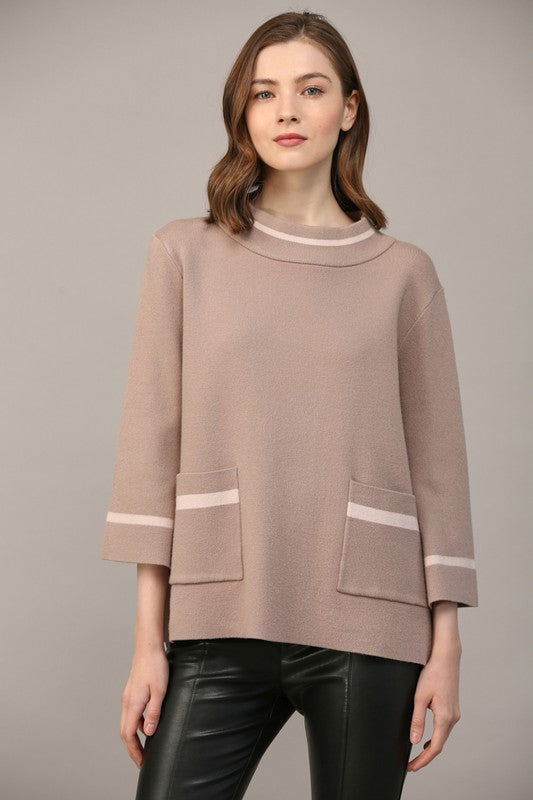MOCK NECK BELL SLEEVE SWEATER WITH CONTRAST--COCOA/BLUSH