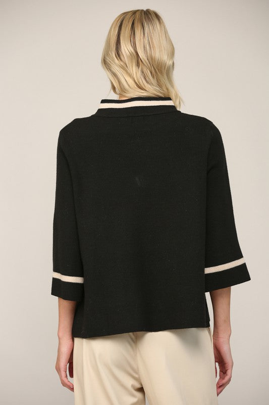 MOCK NECK BELL SLEEVE SWEATER WITH CONTRAST--BLACK/CREAM