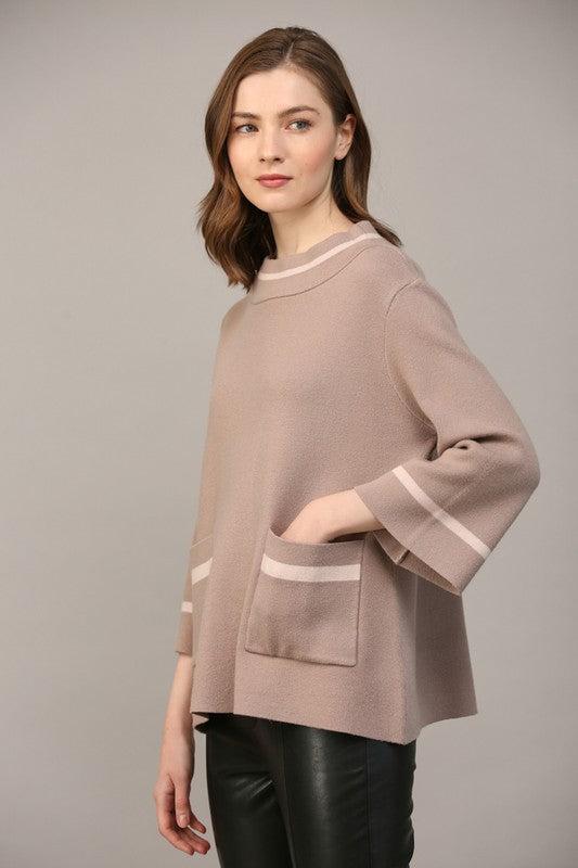 MOCK NECK BELL SLEEVE SWEATER WITH CONTRAST--COCOA/BLUSH