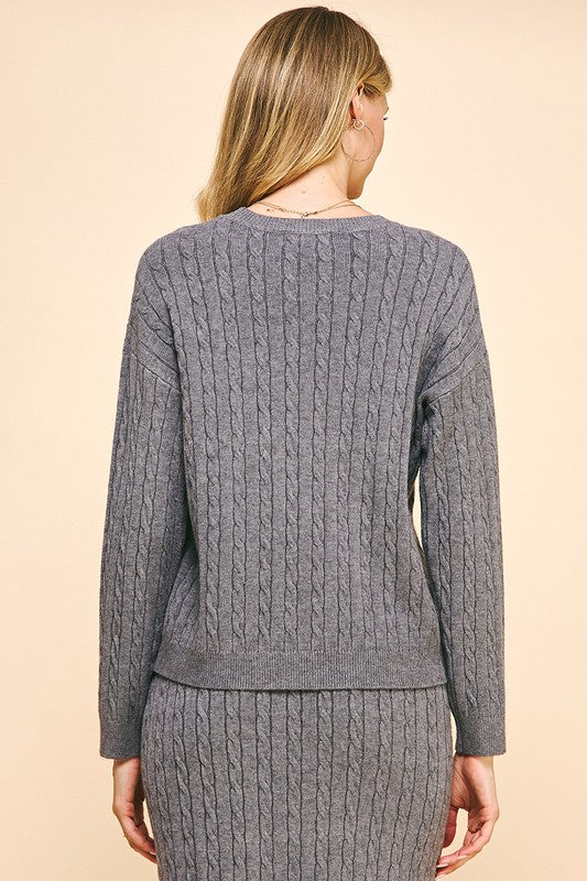 FOR THIS MOMENT CABLE KNIT SWEATER--WARM GREY