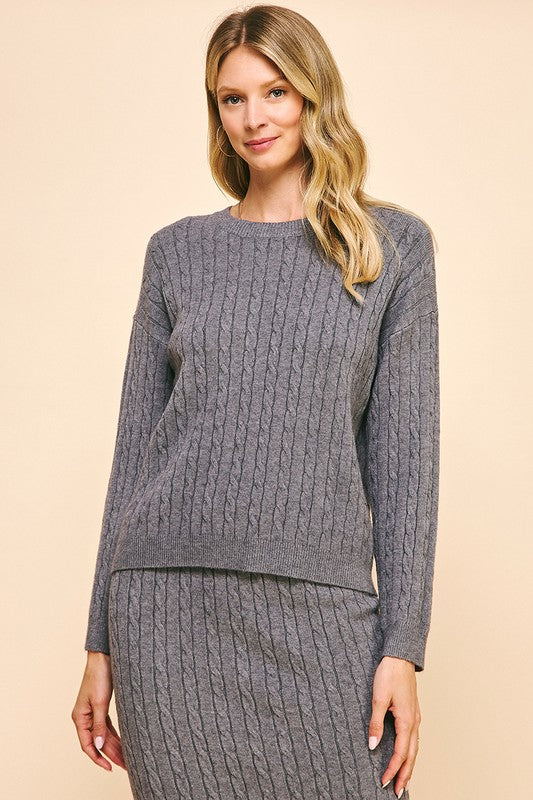 FOR THIS MOMENT CABLE KNIT SWEATER--WARM GREY