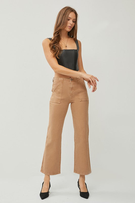 RISEN HIGH RISE ANKLE FLARE PATCH POCKET JEANS--COCOA