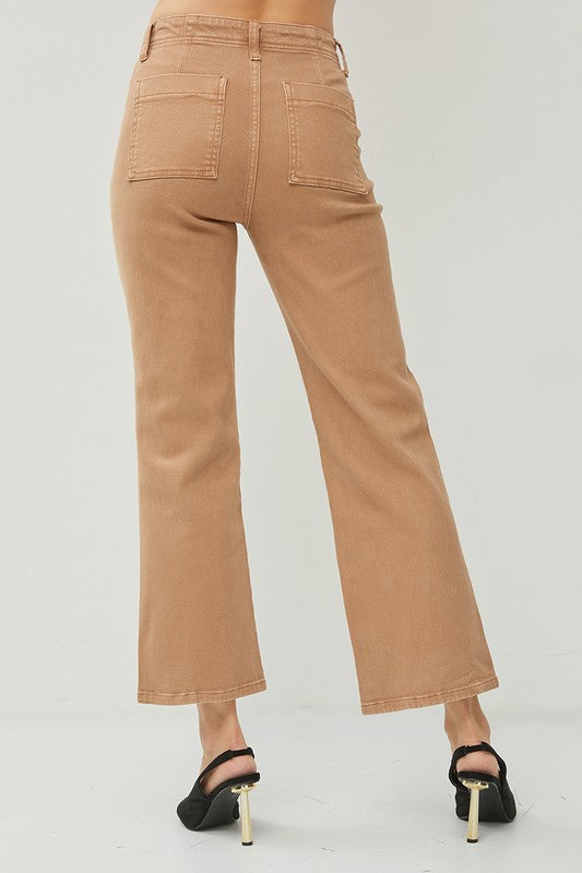 RISEN HIGH RISE ANKLE FLARE PATCH POCKET JEANS--COCOA