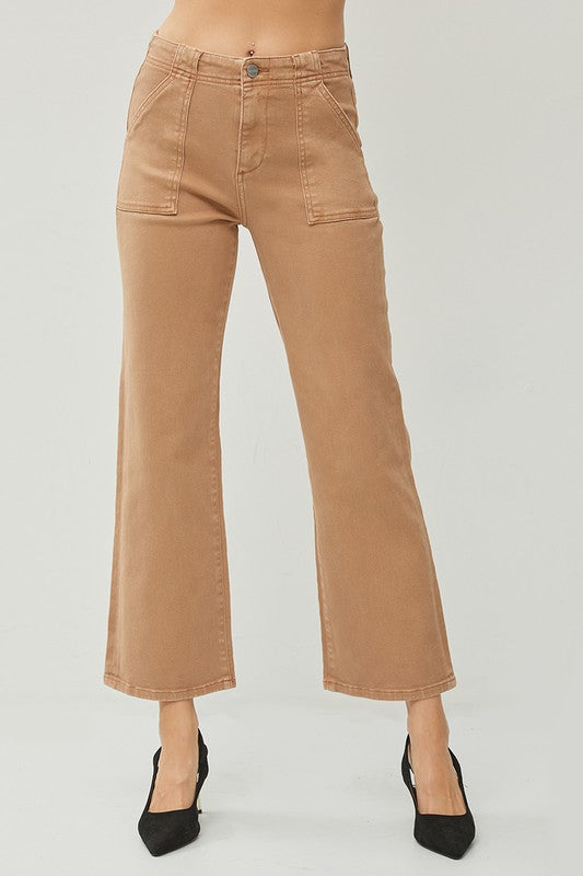 RISEN HIGH RISE ANKLE FLARE PATCH POCKET JEANS--COCOA