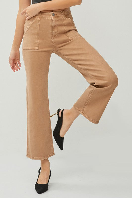 RISEN HIGH RISE ANKLE FLARE PATCH POCKET JEANS--COCOA