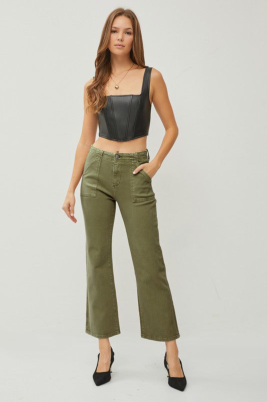 RISEN HIGH RISE ANKLE FLARE PATCH POCKET JEANS--MOSS