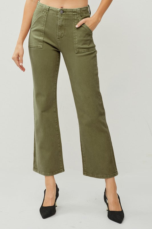 RISEN HIGH RISE ANKLE FLARE PATCH POCKET JEANS--MOSS