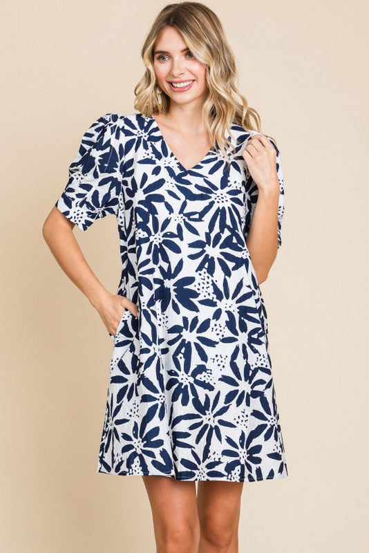 FLORAL PUFF SLEEVE DRESS--NAVY
