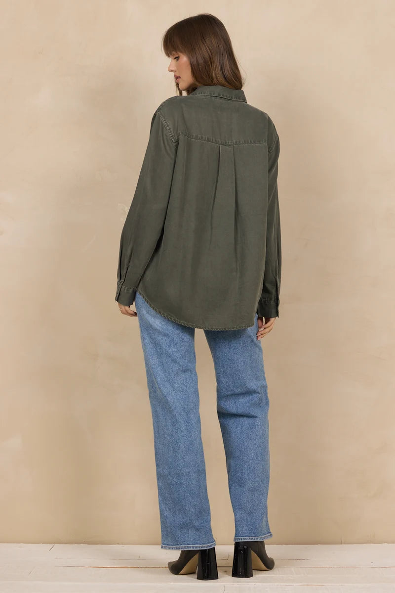 VINTAGE HAVANA OLIVE TENCEL BUTTON UP WITH ZIPPER DETAILS