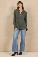 VINTAGE HAVANA OLIVE TENCEL BUTTON UP WITH ZIPPER DETAILS