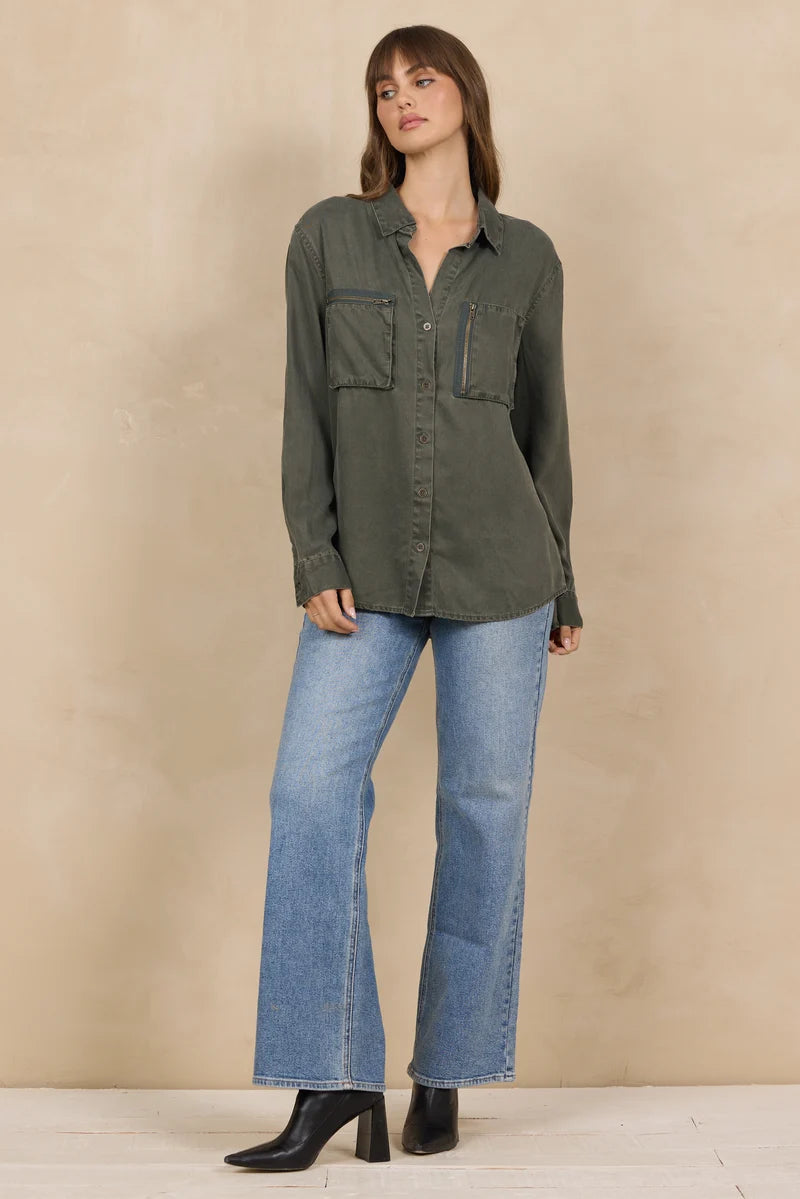 VINTAGE HAVANA OLIVE TENCEL BUTTON UP WITH ZIPPER DETAILS