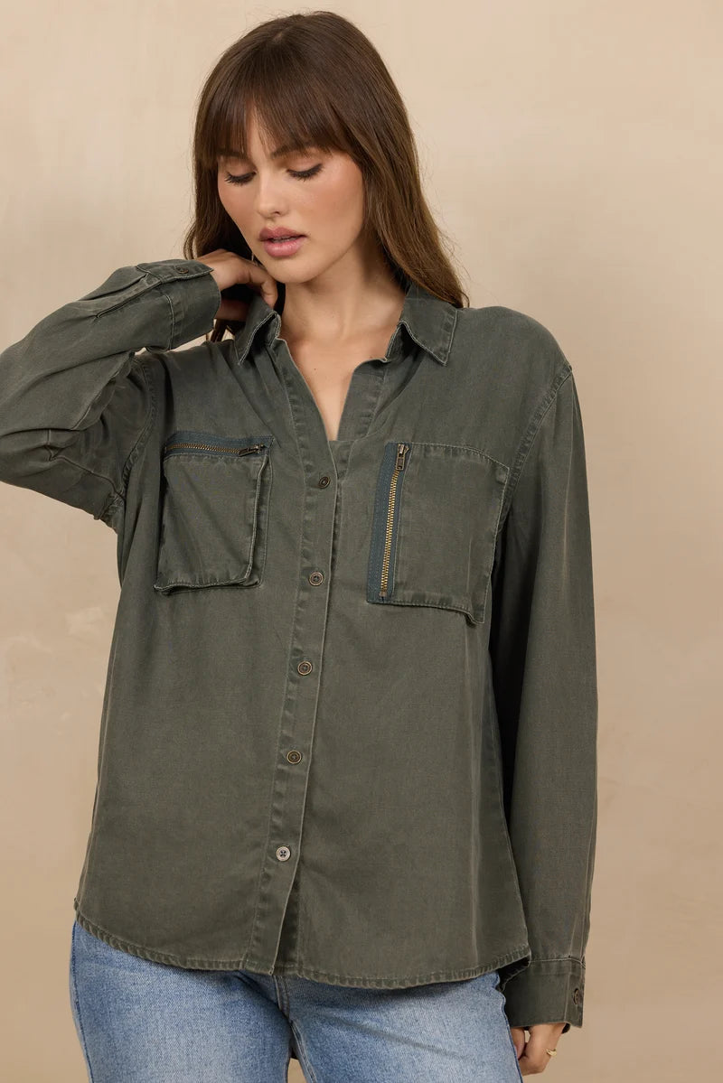 VINTAGE HAVANA OLIVE TENCEL BUTTON UP WITH ZIPPER DETAILS