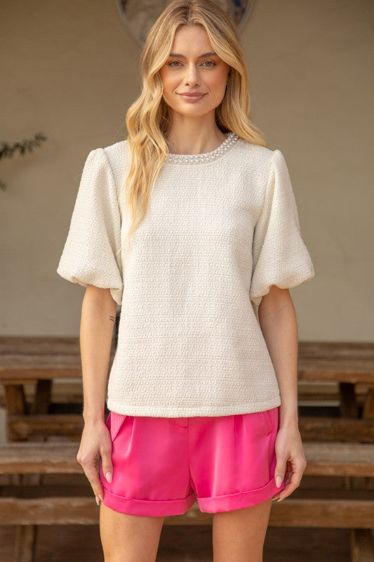 SPECIAL OCCASION PEARL TRIMMED TOP--CREAM