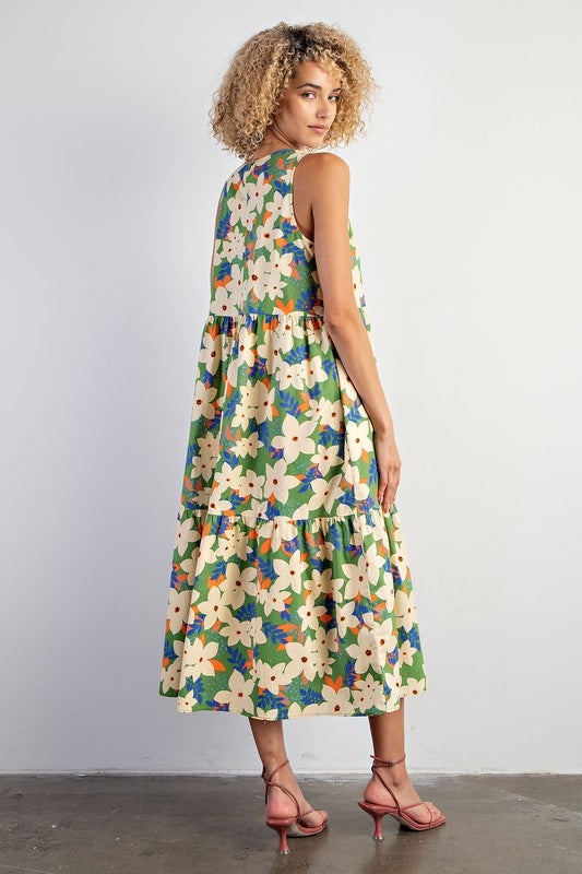 FLORAL PRINT POPLIN TIERED DRESS