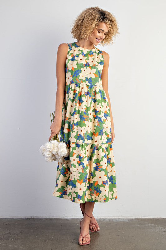 FLORAL PRINT POPLIN TIERED DRESS