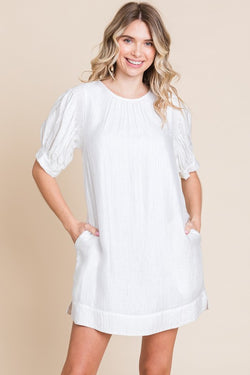 TEXTURED PEASANT SLEEVE DRESS--WHITE
