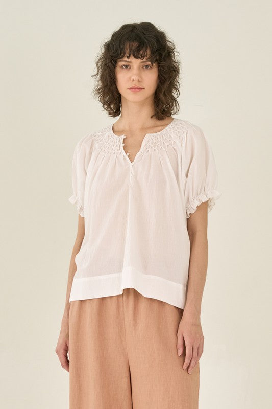 HAND SMOCKED COTTON TOP--WHITE