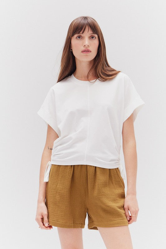 SIDE SCRUNCH ADJUSTABLE TIE TEE--WHITE